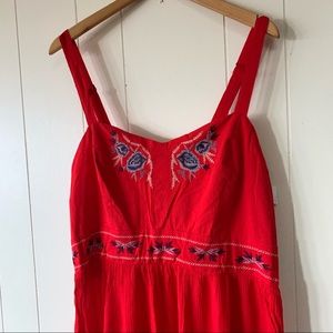 Red dress with pretty blue embroidered flowers!